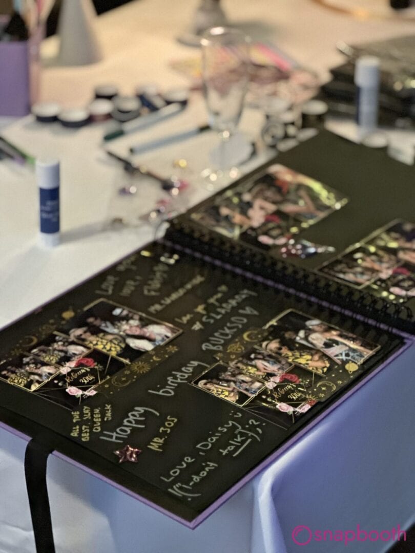 Birthday celebration guests posing in Snap Booth photo booth